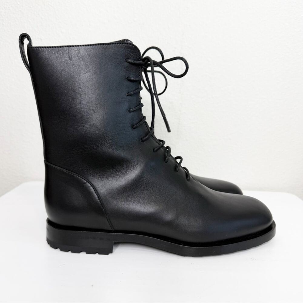 Manolo Blahnik Planigia Black Leather Combat Boots EU 37.5 Lace Up Ankle Booties - Picture 2 of 12